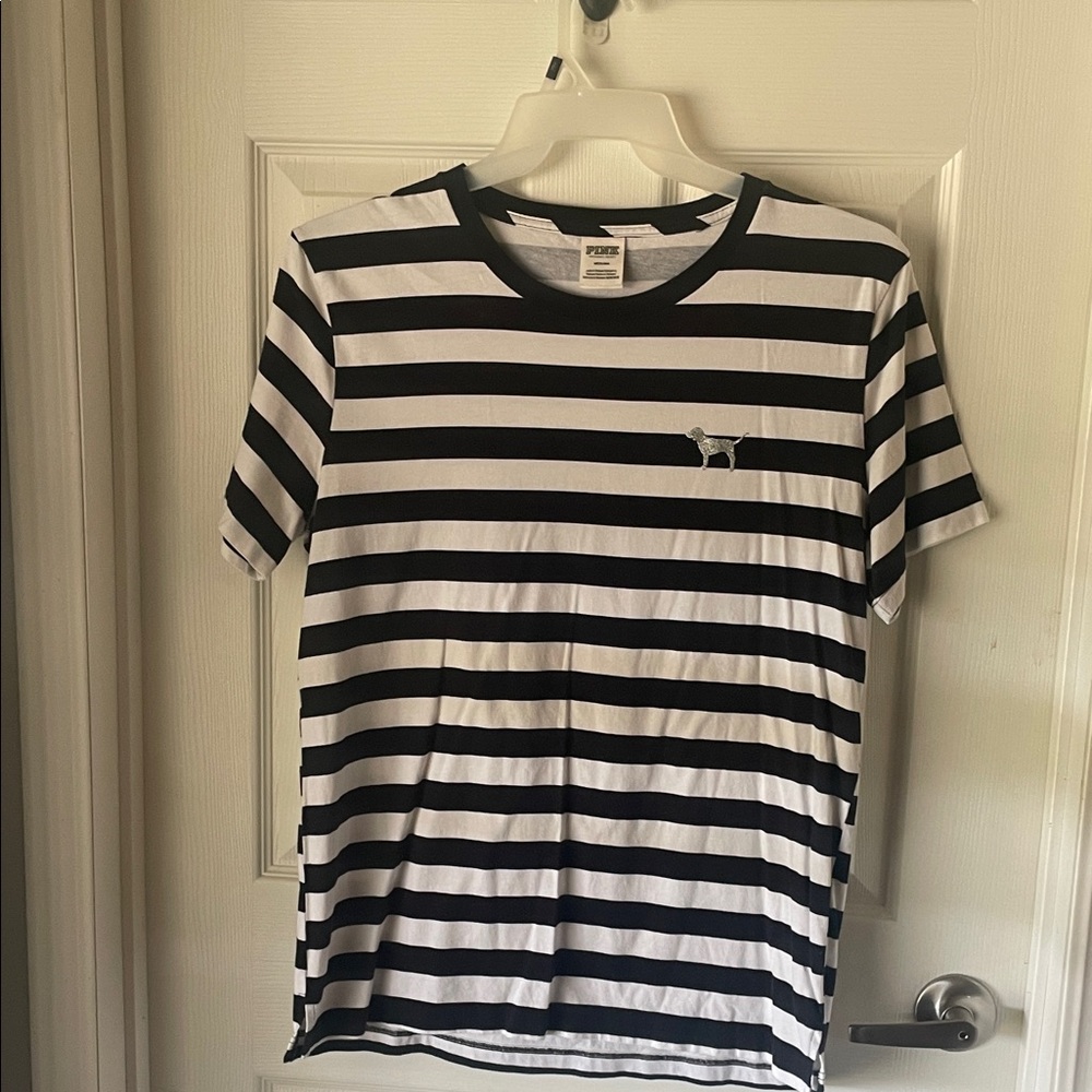 Black and White Striped PINK T-Shirt MEDIUM